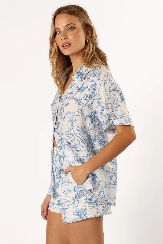 Faye Button Down Top - White/Blue