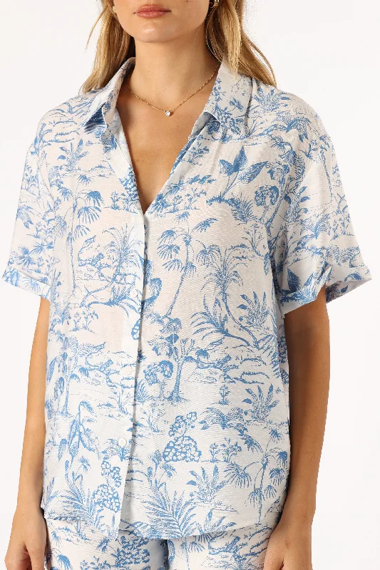 Faye Button Down Top - White/Blue