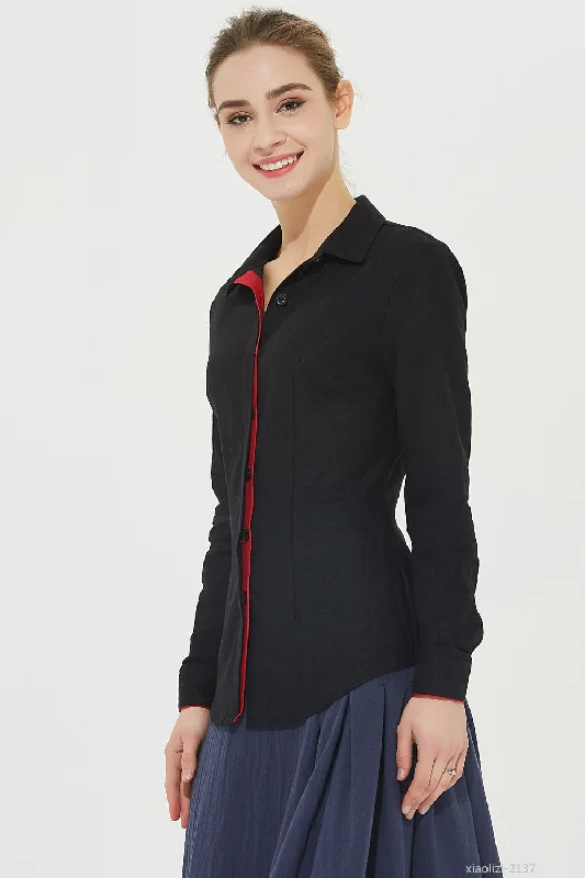 long sleeves black linen shirt, buttoned shirt 2137#