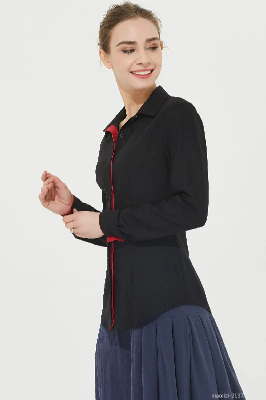 long sleeves black linen shirt, buttoned shirt 2137#