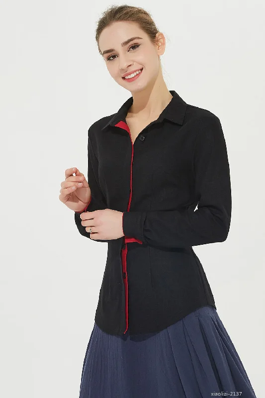 long sleeves black linen shirt, buttoned shirt 2137#