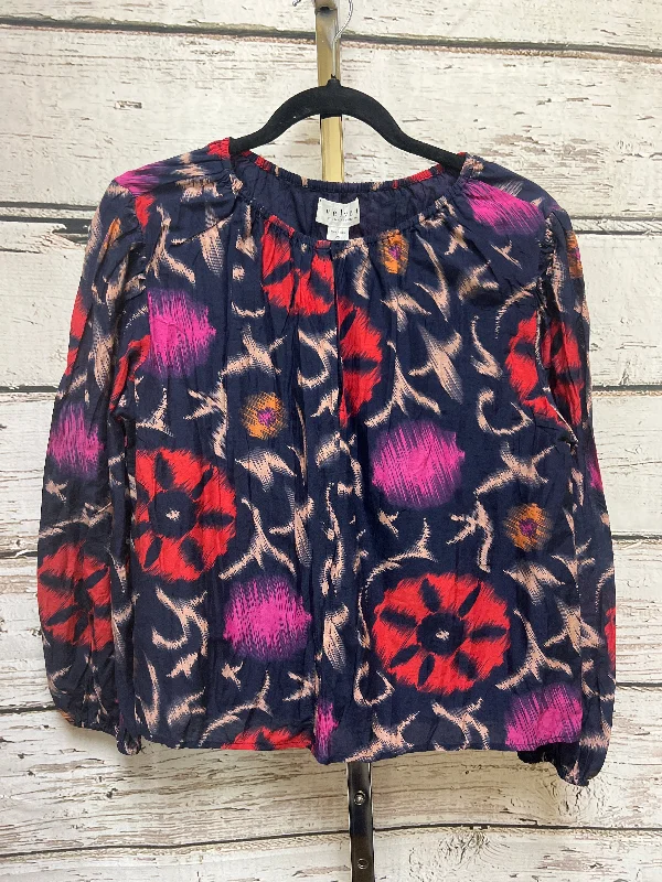 Navy Blouse Long Sleeve Velvet, Size Xs