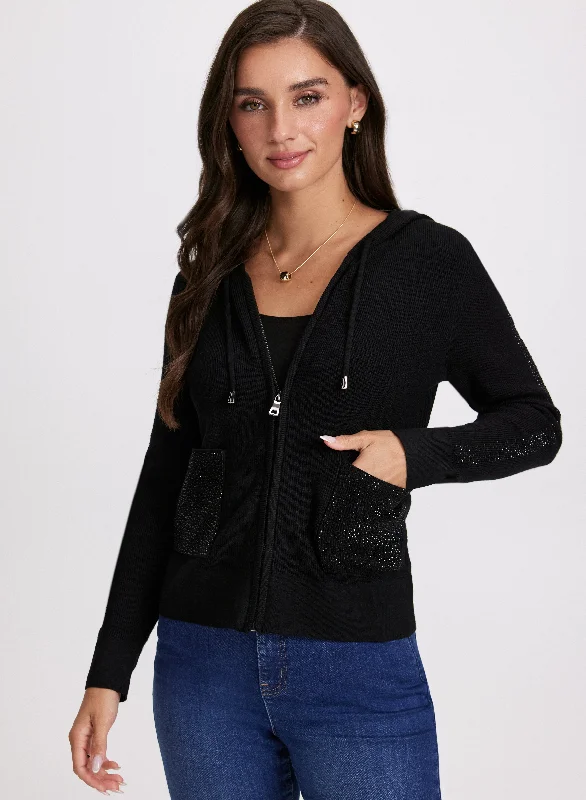 Rhinestone Embellished Zip-Up Hooded Sweater