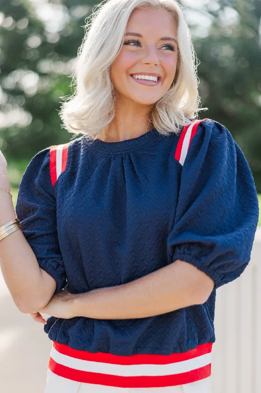 See It Through Navy Blue Textured Blouse