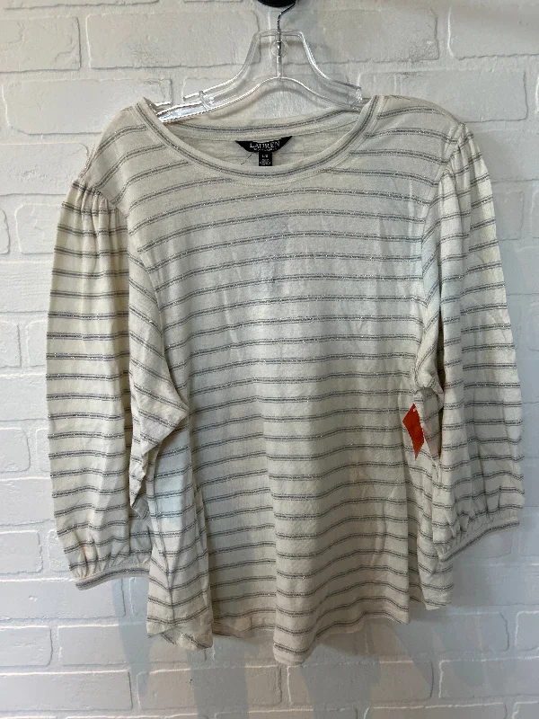 White Silver Top Long Sleeve Lauren By Ralph Lauren, Size L