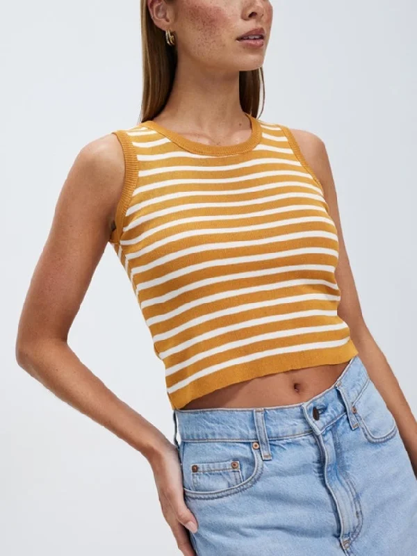 Women's Sexy Sleeveless Basic Halter Striped Rib Knit Cami Yellow Crop Tops by Kaja Clothing - Odelia Top