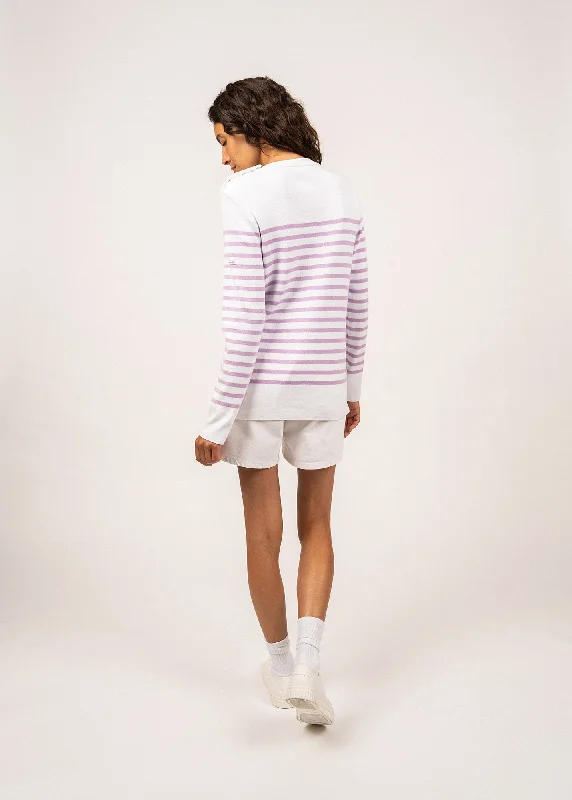 AVIGNON - Striped Sweater With Button Shoulder for Women | 100% organic cotton (WHITE / LILAC)