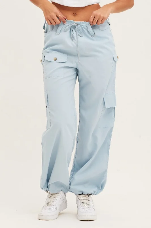 Blue Cargo Parachute Pants Strap Waist