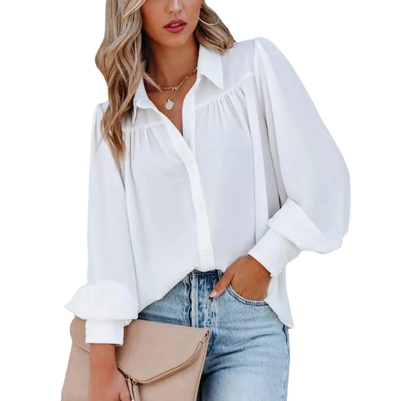 Button Lantern Sleeve Pleated Solid Color Collar Loose Cardigan Shirt Long Women's Top