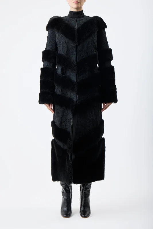 Hugh Embroidered Coat in Black Suede with Shearling