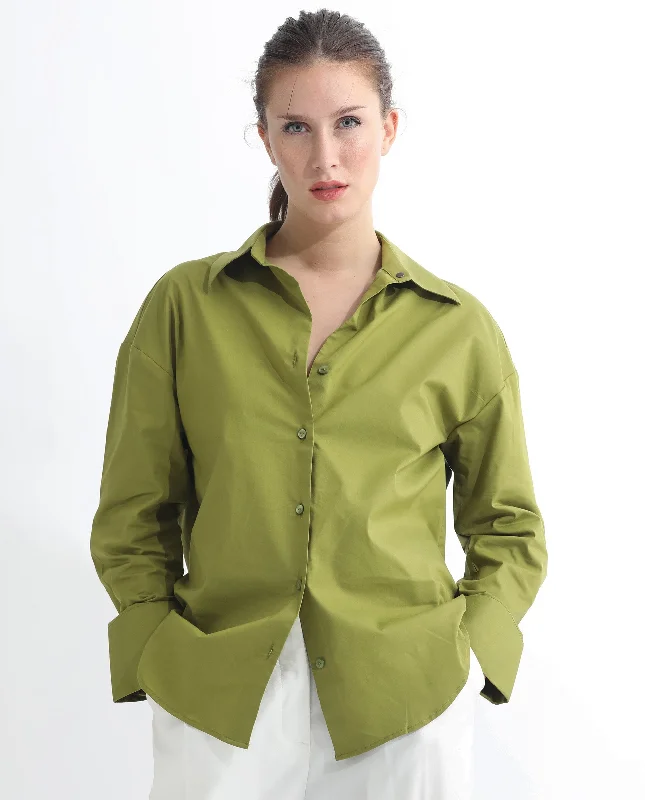 Rareism Women'S Klox Light Olive  Cuffed Sleeve Shirt Collar Solid Shirt