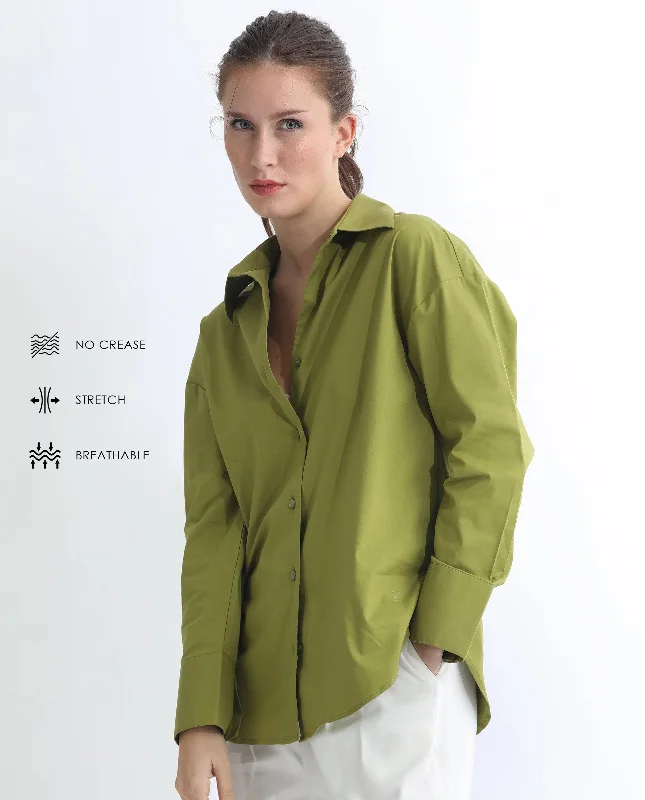 Rareism Women'S Klox Light Olive  Cuffed Sleeve Shirt Collar Solid Shirt