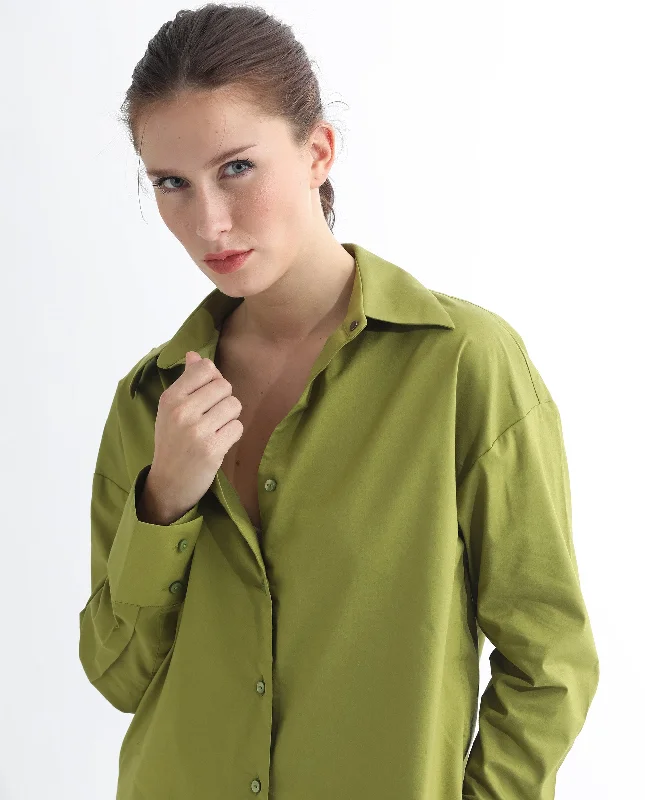 Rareism Women'S Klox Light Olive  Cuffed Sleeve Shirt Collar Solid Shirt