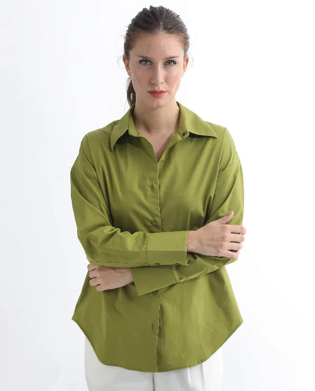 Rareism Women'S Klox Light Olive  Cuffed Sleeve Shirt Collar Solid Shirt