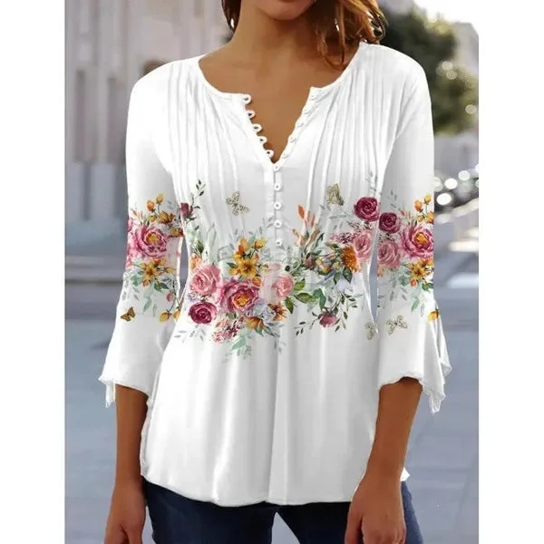 Women's Fashion Wear Floral Printed Sleeve Pleated Button T-shirt Blouses