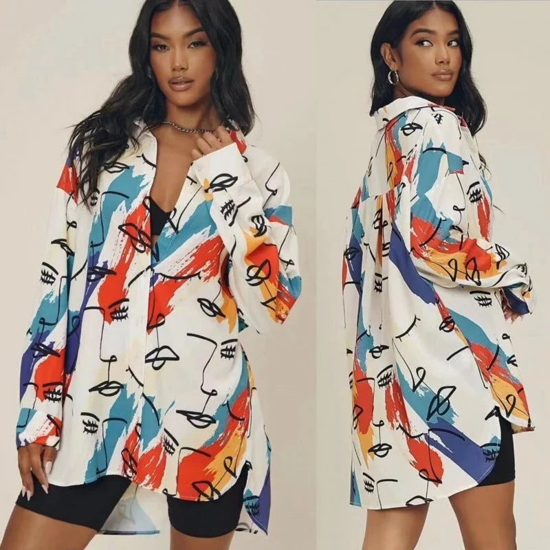 Women's Fashionable Loose Printed Mid-length Long Sleeve Blouses