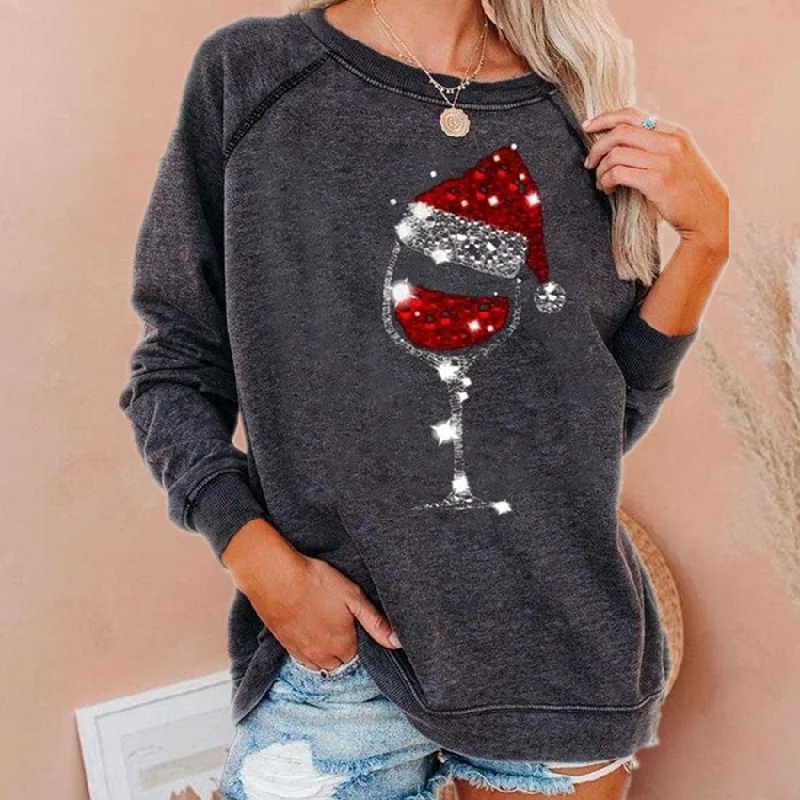 Women's Red Wine Glass Printing Round Neck Sweaters