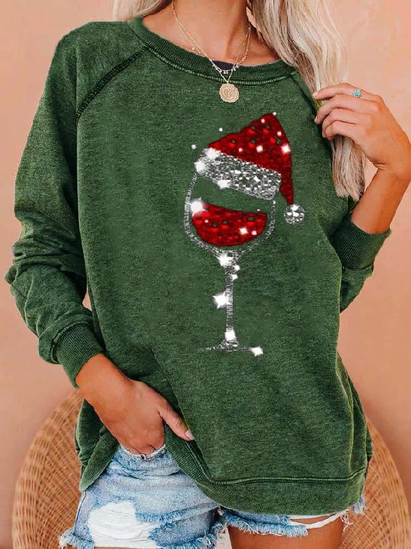 Women's Red Wine Glass Printing Round Neck Sweaters