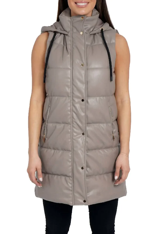 Cali Long Puffer Vest In Taupe