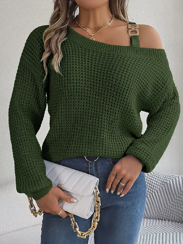 Casual Metal Buckle Patchwork Cold-shoulder Lantern Sleeve Pullover Sweater