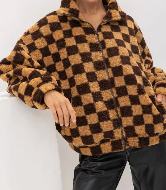 Checkered Faux Fur Jacket In Brown