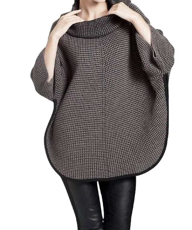 Cowl Neck Tweed Poncho In Taupe/black