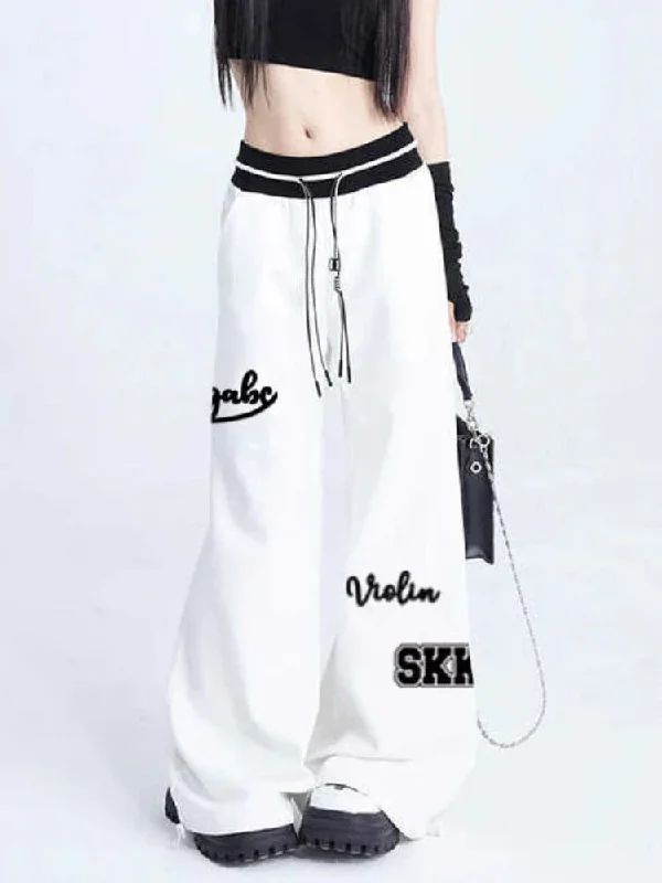 Women Casual Sports Pants Hip Baggy Letter Pattern Wide Leg Jogging Pants