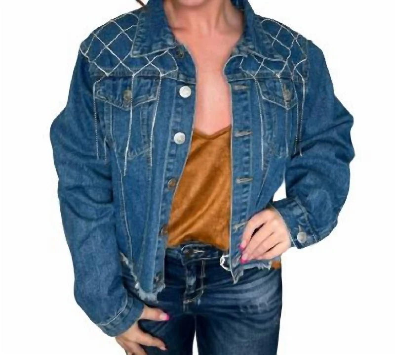 Elsie Rhinestone Chain Detailed Yoke Denim Jacket In Blue