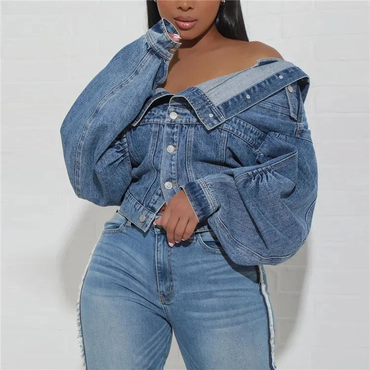 Fall Fashion Loose Blue Denim Jacket Street Casual Clothing For Woman 2023 Y2k New Asymmetry Crop Top