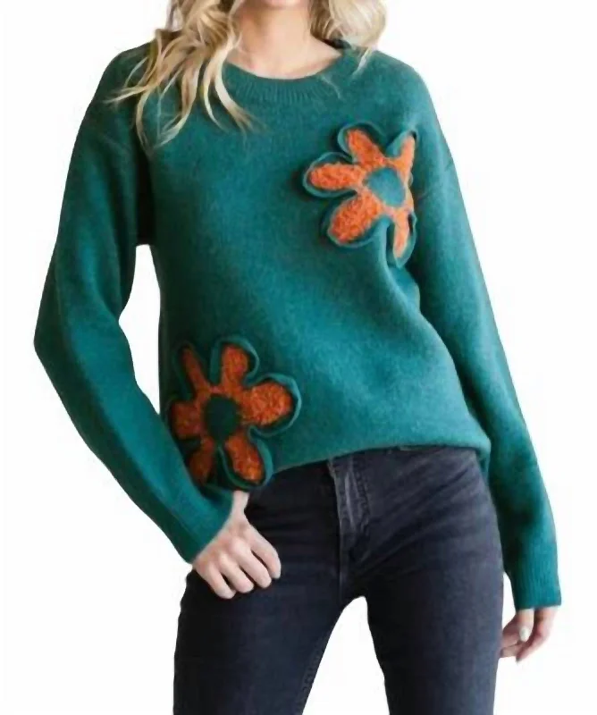 Flower Textured Knit Pullover In Teal/amber