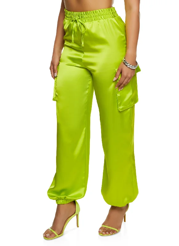 Satin High Waist Cargo Pocket Tapered Pants