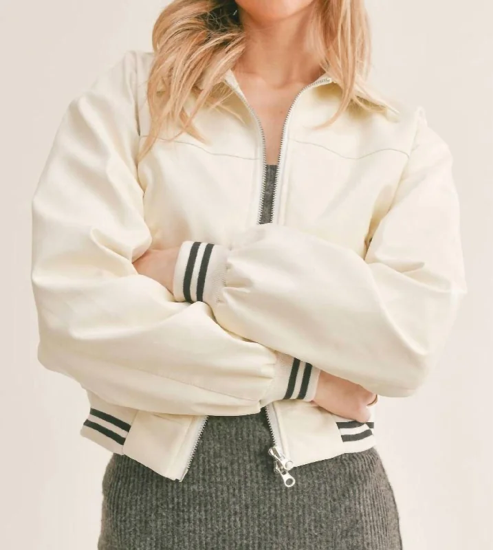 Miranda Vegan Leather Varsity Jacket In Cream