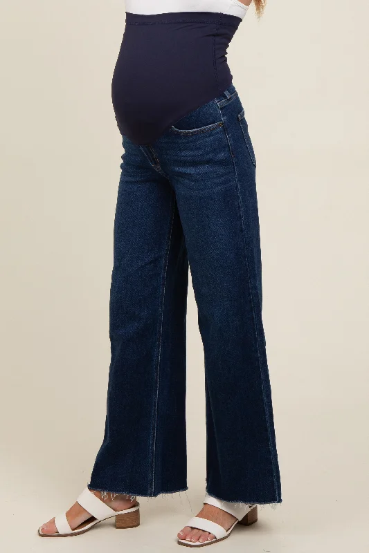 Navy Blue Unfinished Hem Wide Leg Maternity Jeans