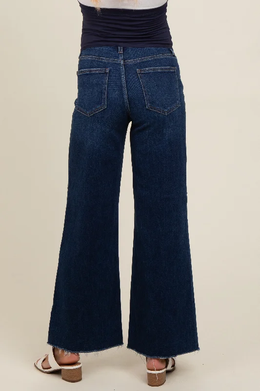 Navy Blue Unfinished Hem Wide Leg Maternity Jeans