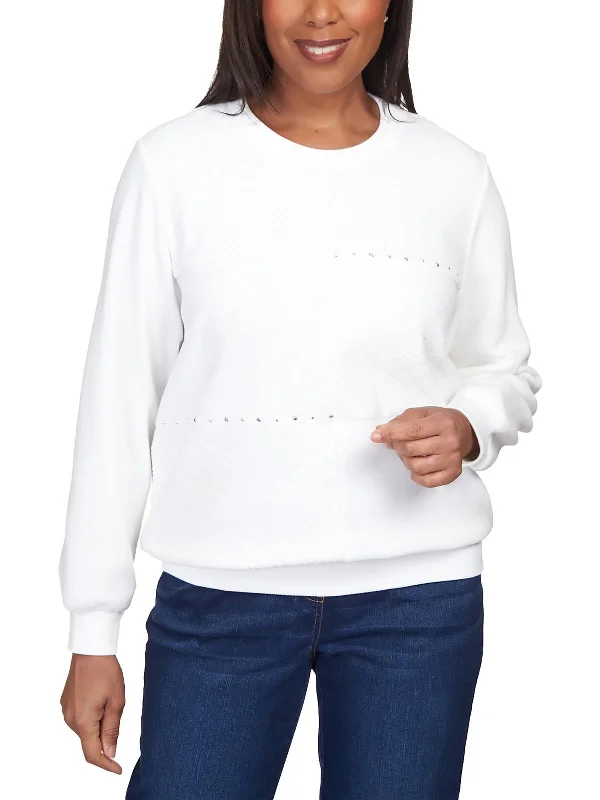 Petites Womens Quilted Crewneck Pullover Sweater