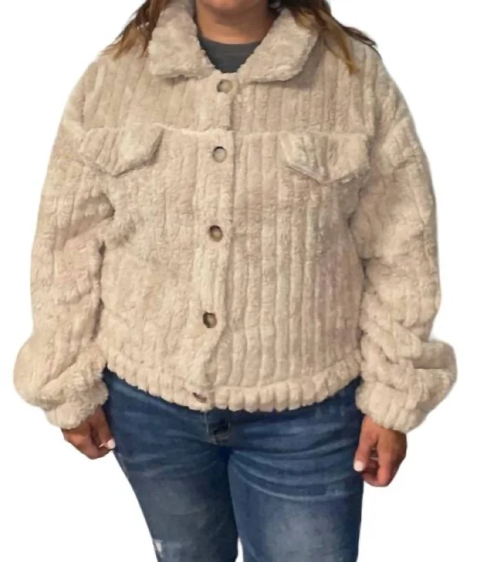 Plush Fleece Button Up Jacket In Beige