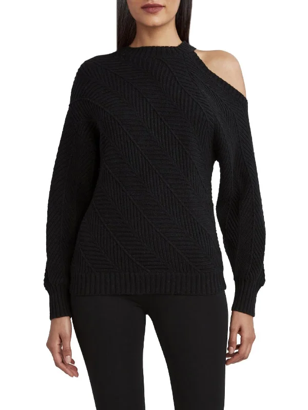 Womens Knit Herringbone Funnel-Neck Sweater