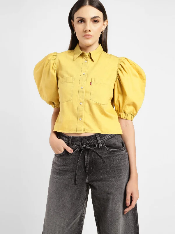 Women's Solid Spread Collar Shirt Yellow