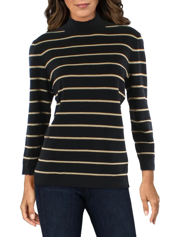 Womens Striped Metallic Mock Turtleneck Sweater