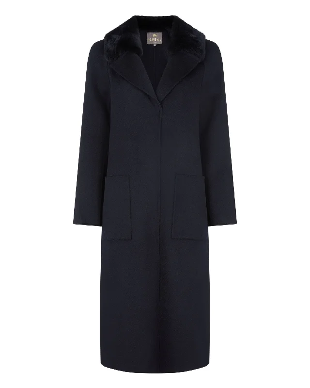 Women's Fur Collar Woven Coat Navy Blue