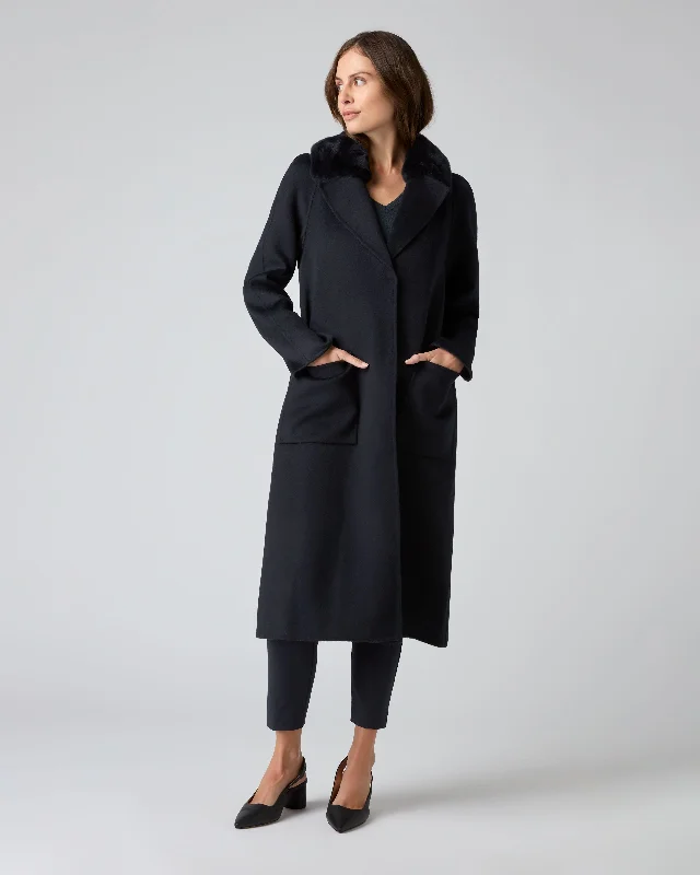 Women's Fur Collar Woven Coat Navy Blue