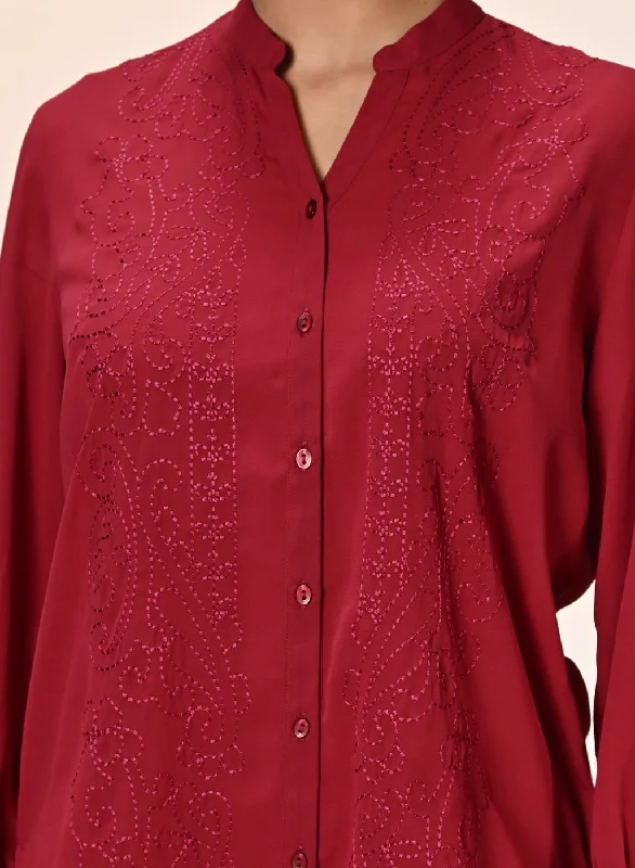 Ameera Red Embroidered Georgette Shirt for Women