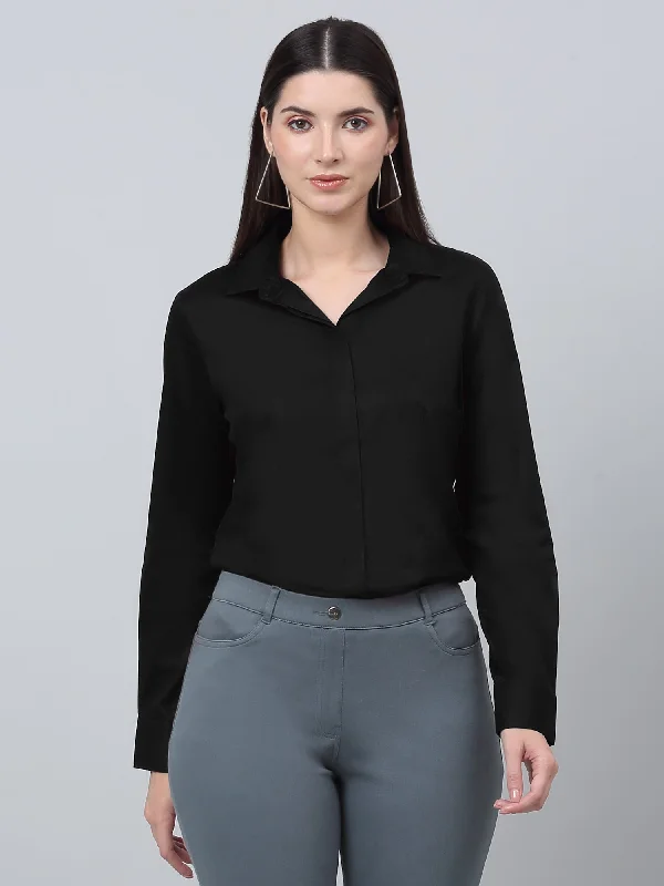 Cantabil Cotton Solid Full Sleeve Regular Fit Black Formal Shirt for Women