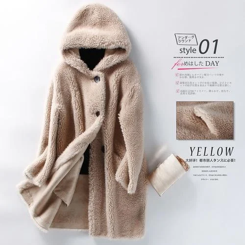 Casual Winter Korean Women's Sheep Shearling Wool Hooded Coat & Jackets