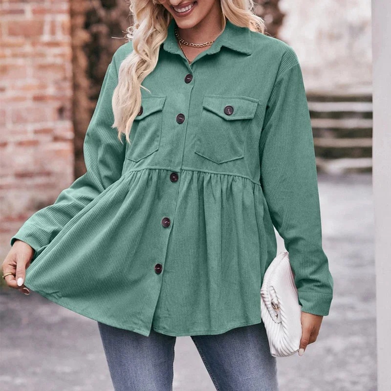 Women's Corduroy Pockets Single Breasted Autumn Winter Trendy Solid Loose Casual Streetwear Blouse