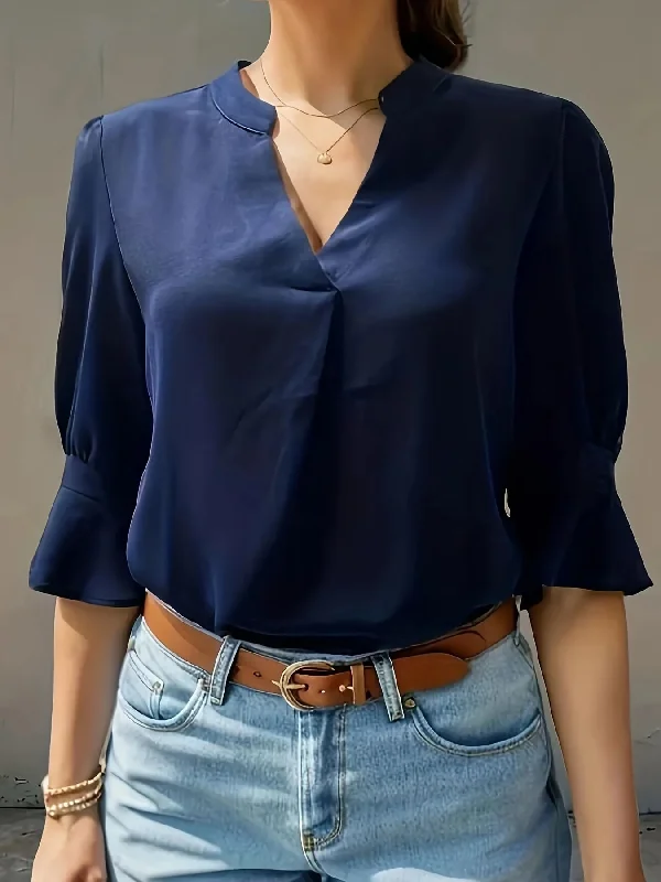 FashionSierra Office Summer Fashionable Solid Color V-Neck Half Sleeve Ladies Blouse