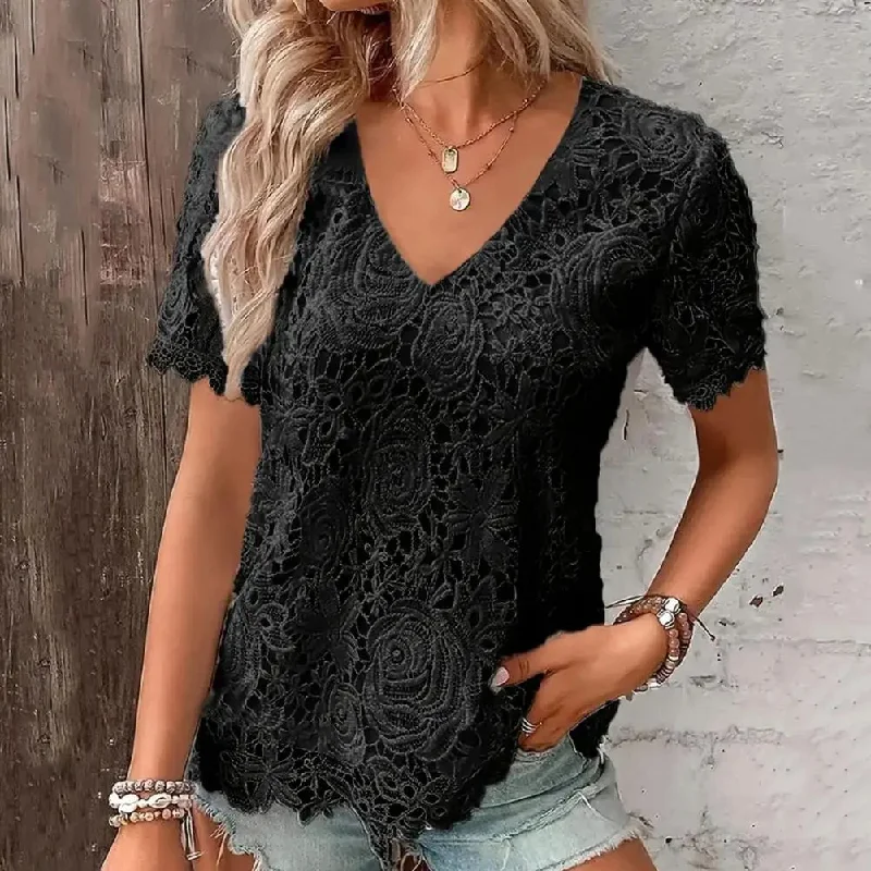 Women T-shirt V-neck Short Sleeve Hollow Embroidery Lace Pullover Blouse