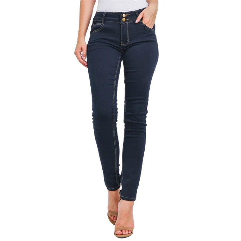 Dark Denim Mid Rise Double Button Skinny Stretch Jeans