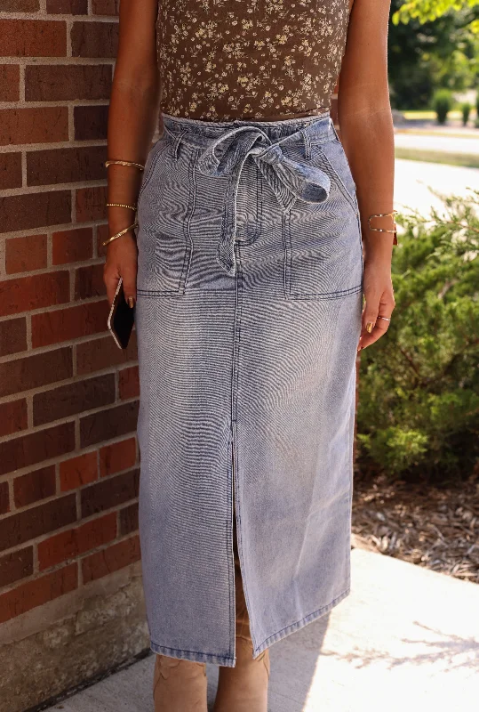 Denim Tie Waist Midi Skirt