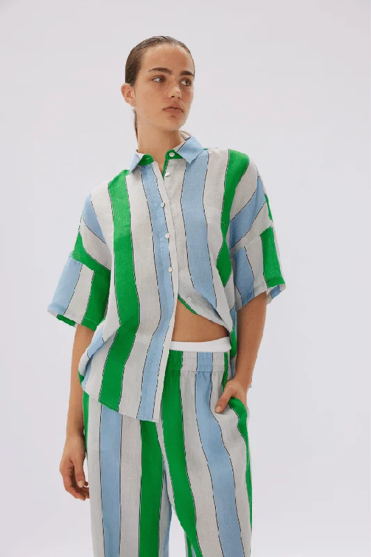 Marala Short Sleeve Linen Shirt Stripe Verde/Azure